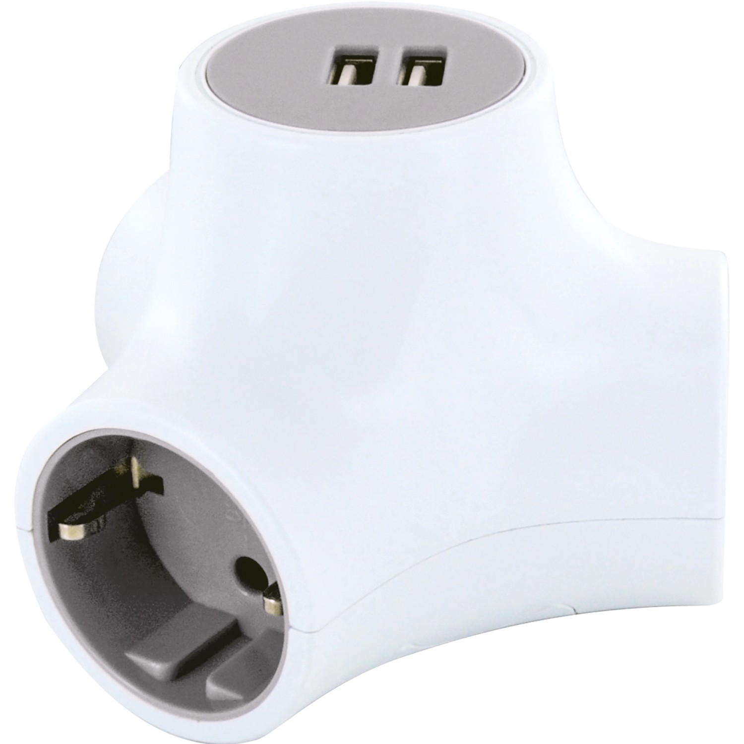 Schwaiger Y-Verteiler mit 3 Schuko-Steckdosen und 2 USB-Anschlüssen, 1,4 m Kabel.