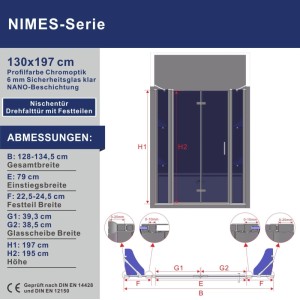 Aquabatos 130 x 197 cm Nischentür Dusche Duschabtrennung 6mm Einscheibensicherheitsglas Duschkabine Falttür mit Nano Beschichtung Rahmenlos