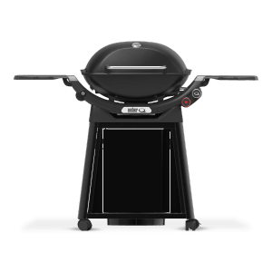 Schwarzer Weber Gasgrill Q3200N+ mit Rollwagen und Aluguss-Gehäuse.
