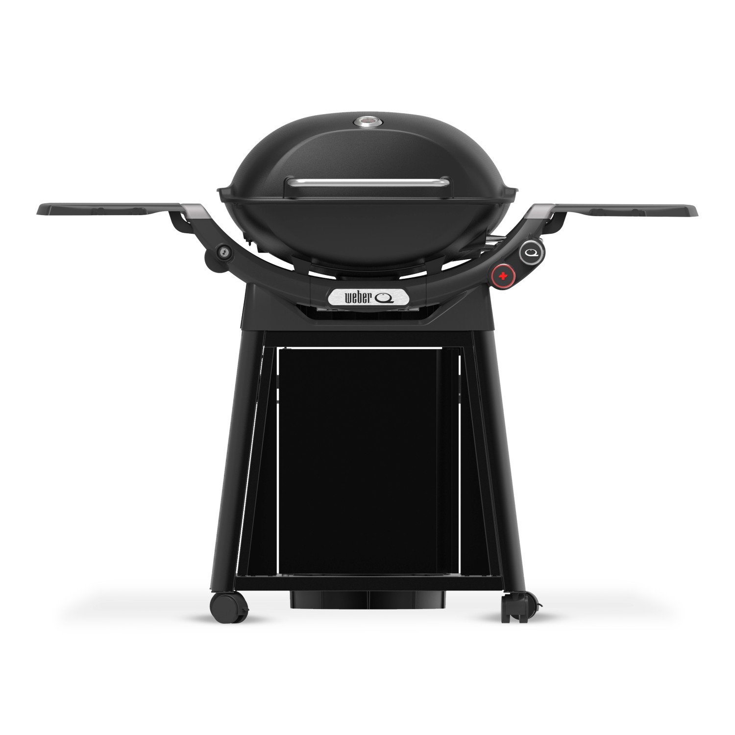 Schwarzer Weber Gasgrill Q3200N+ mit Rollwagen und Aluguss-Gehäuse.