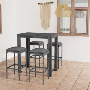 Graues 5-tlg. Gartenbar-Set von vidaXL mit Tisch, Hockern und Kissen aus Polyrattan.