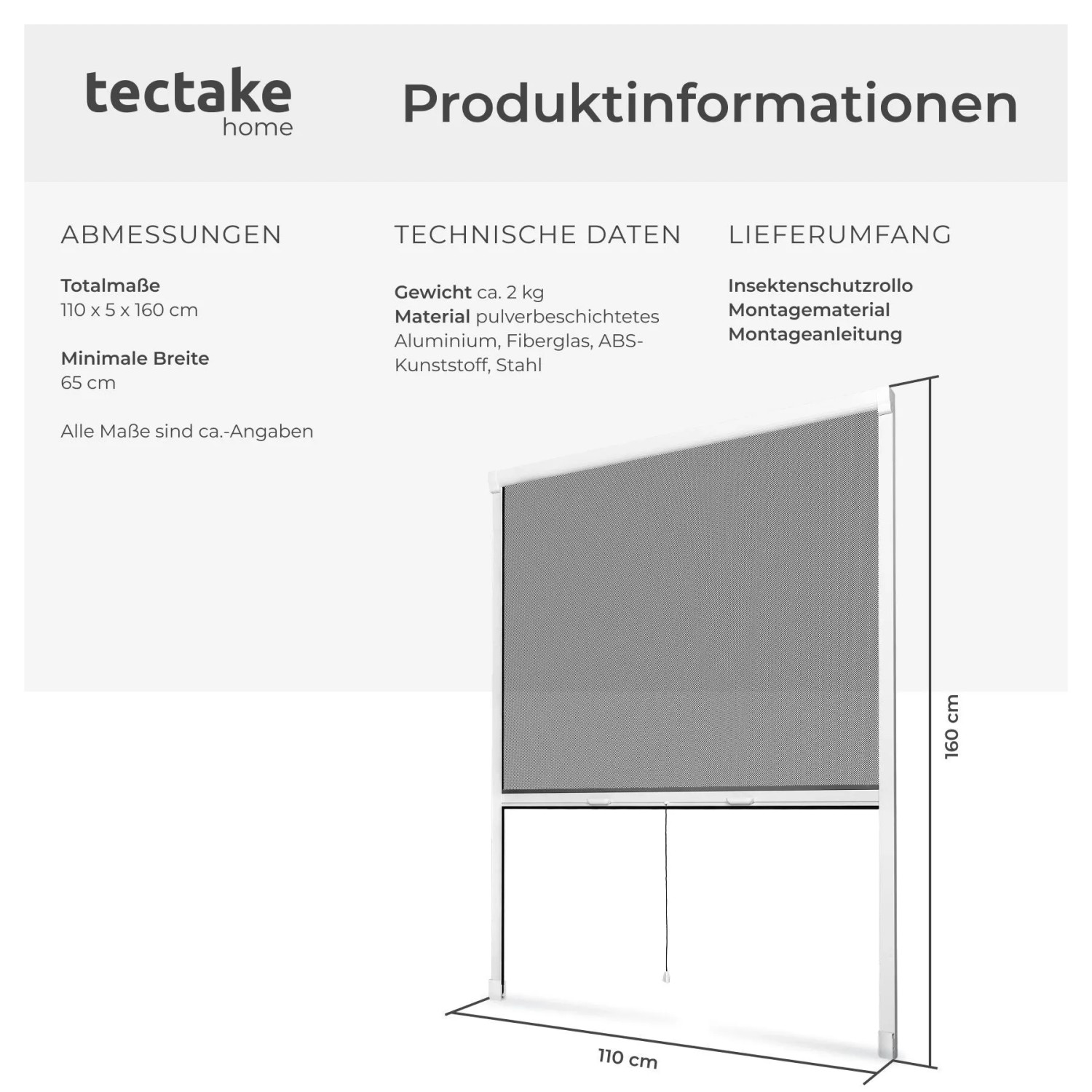 Tectake Aluminium Insektenschutzrollo  Mit Bürstendichtungen Individuell Kürzbar 110 x 160 cm 5 x 110 x 160 cm Weiß_6