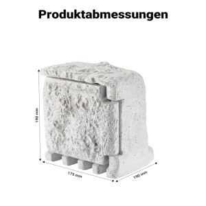 Graue Wiltec 4-fach Gartensteckdose in Steinoptik mit Maßen 190x175x190mm. Robuste Outdoor-Außensteckdose aus Kunstharz.