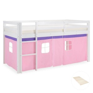 Homestyle4u Hochbett 90x200 mit Vorhang und Lattenrost in Weiß 2550