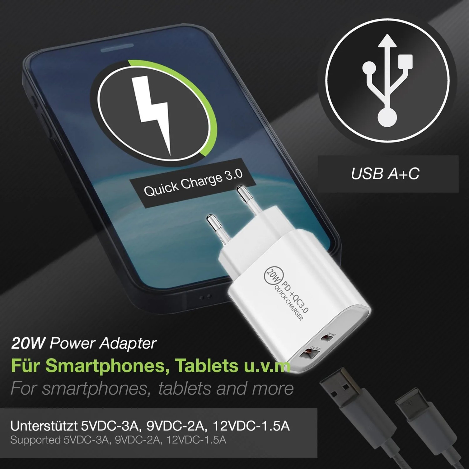 SOTECH USB A USB C Netzteil 20W Quick Charge 3 Weiß_3