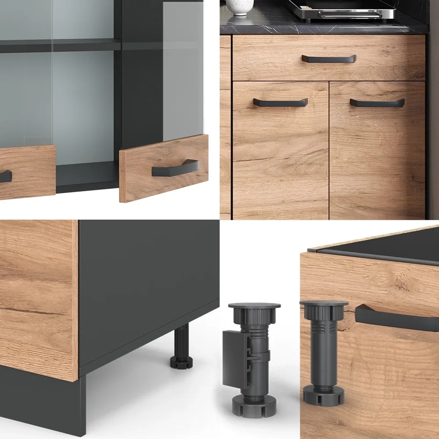 Vicco Singleküche R-Line, 140 cm, Eiche/Anthrazit, ohne Arbeitsplatte. Details zu Fronten, Füßen und Schrank.