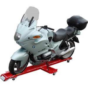 TRUTZHOLM Motorrad Rangierhilfe mit Motorrad auf rotem Rollwagen. Praktischer Motorradständer für Werkstatt.