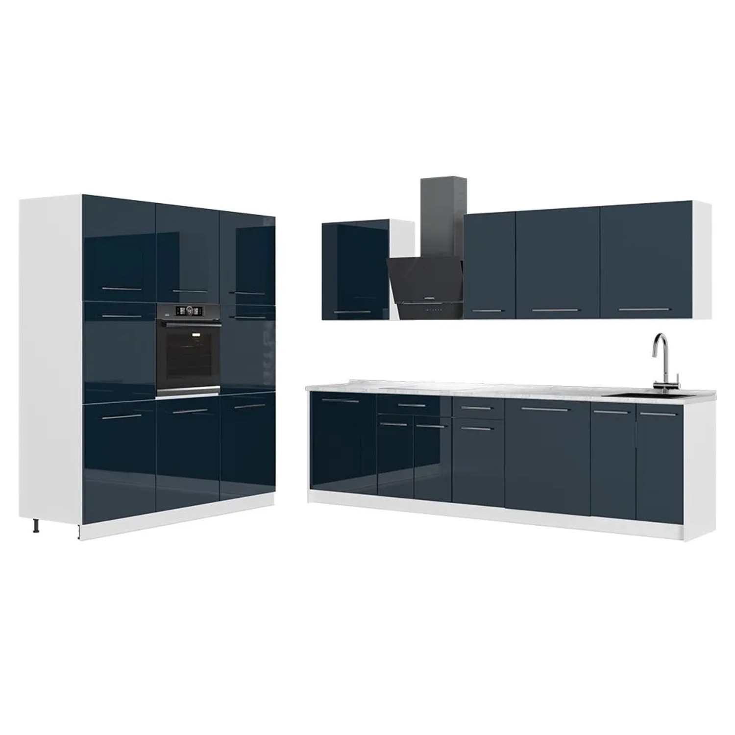 Vicco Küchenzeile Fame-Line Dunkelblau Hochglanz/Weiß 460 x 207 AP Marmor Art Nr 63832