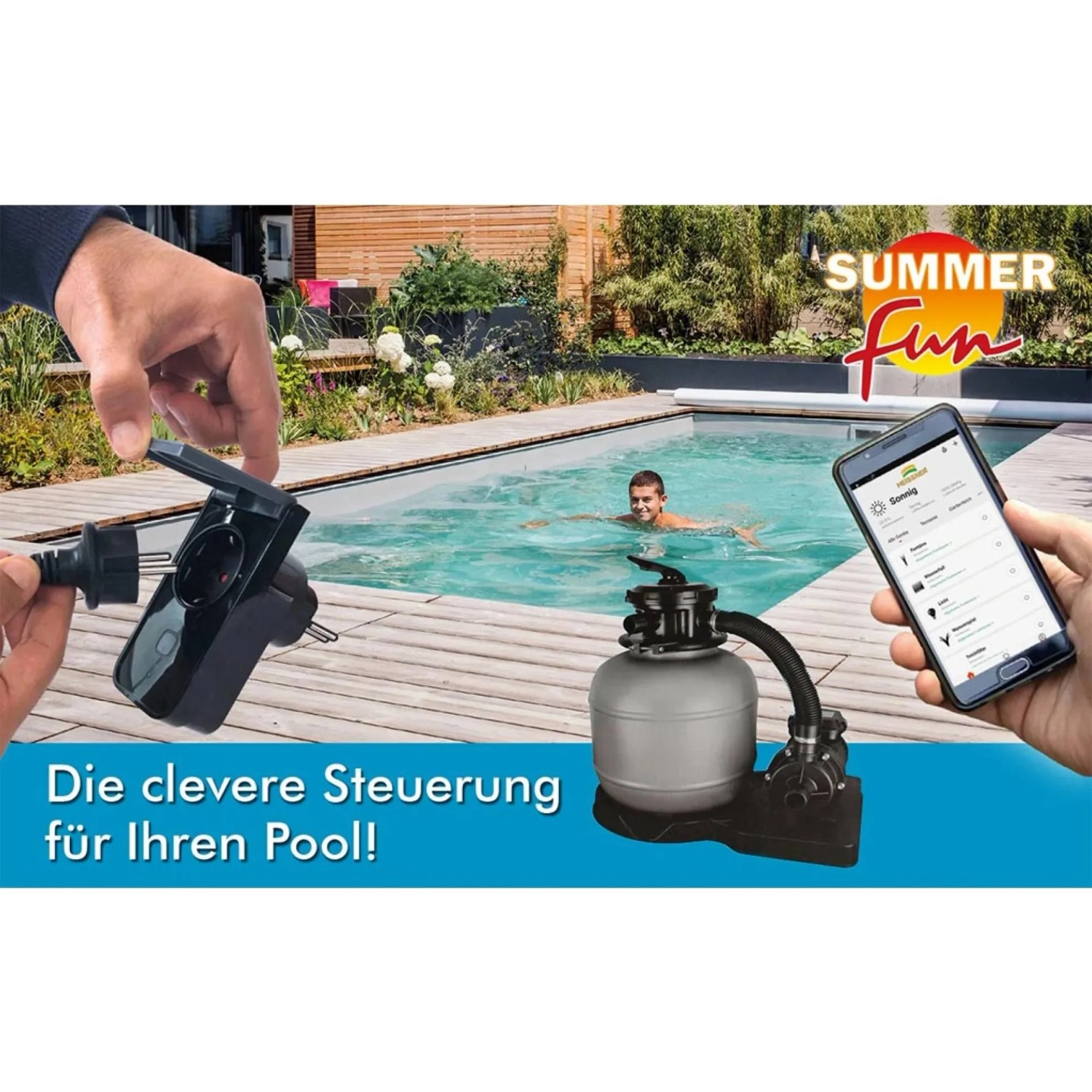 Summer Fun Sandfilteranlage Best Clean Smart mit WiFi-Stecker und Pool im Hintergrund.