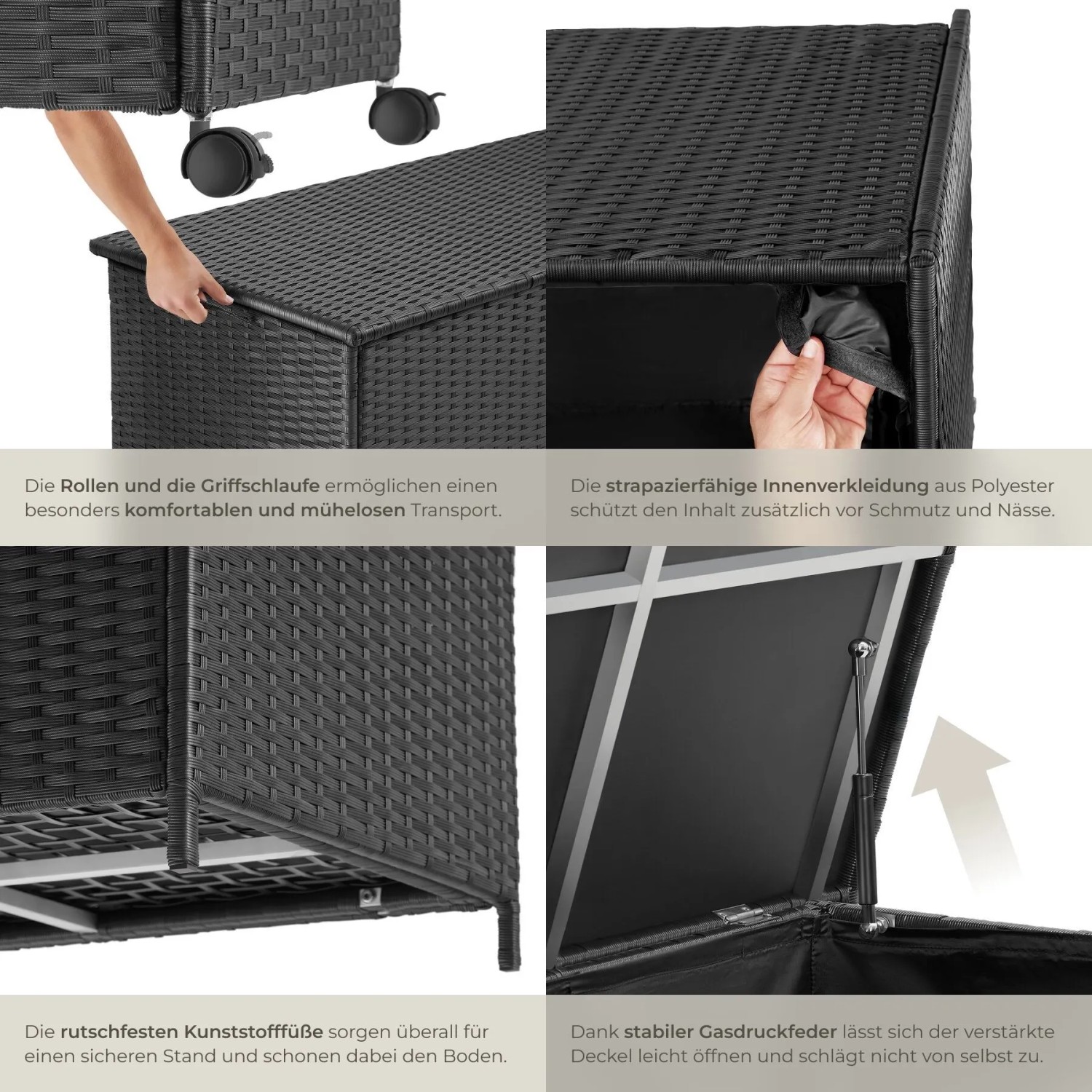 Tectake Auflagenbox Kuusamo, 253 L, mit Rollen, Rattangeflecht und Aluminiumgestell. Zubehör für Ordnungssysteme im Garten.