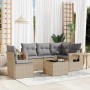 Beige 6-tlg. Garten-Sofagarnitur aus Polyrattan mit grauen Kissen und Tisch. Gartenmöbel für Terrasse und Garten.