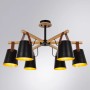 ARTE LAMP LED Deckenleuchte mit sechs schwarzen Lampenschirmen und Holzdetails.