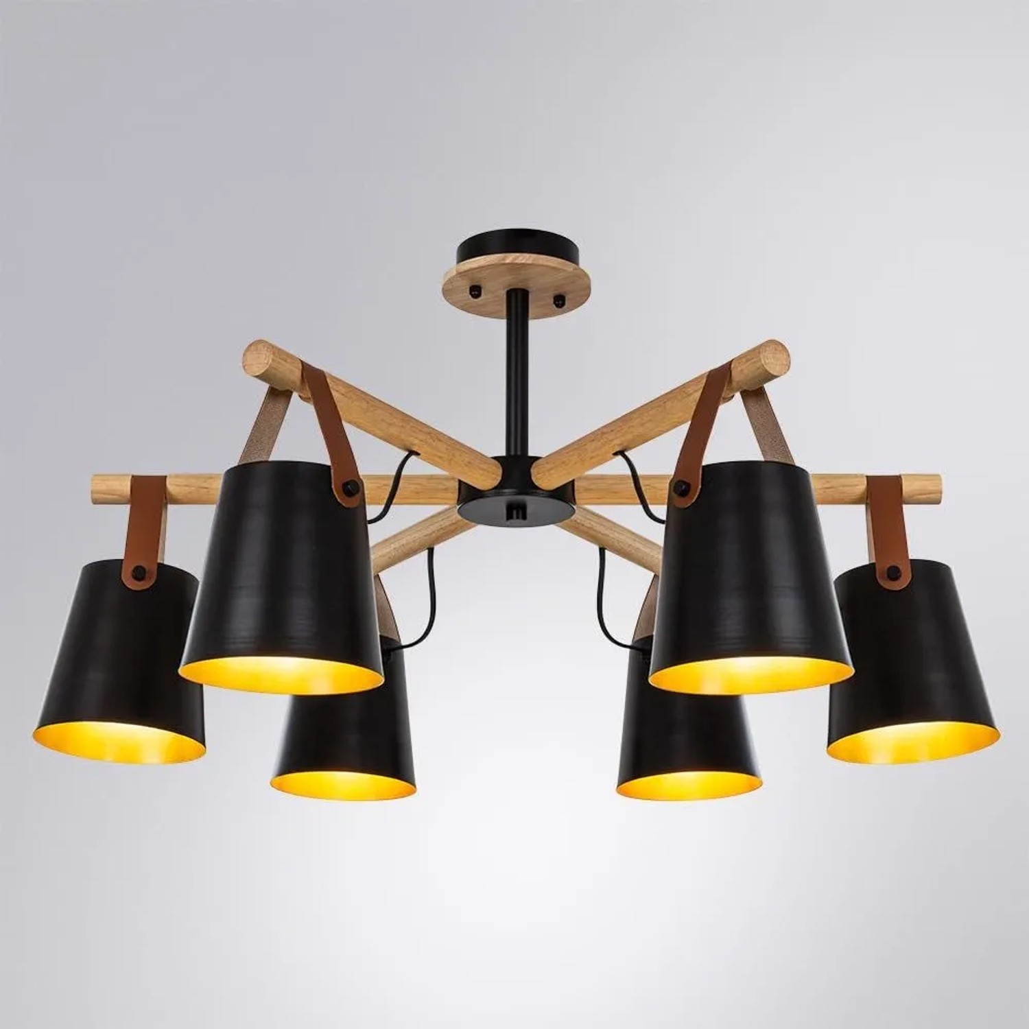 ARTE LAMP LED Deckenleuchte mit sechs schwarzen Lampenschirmen und Holzdetails.