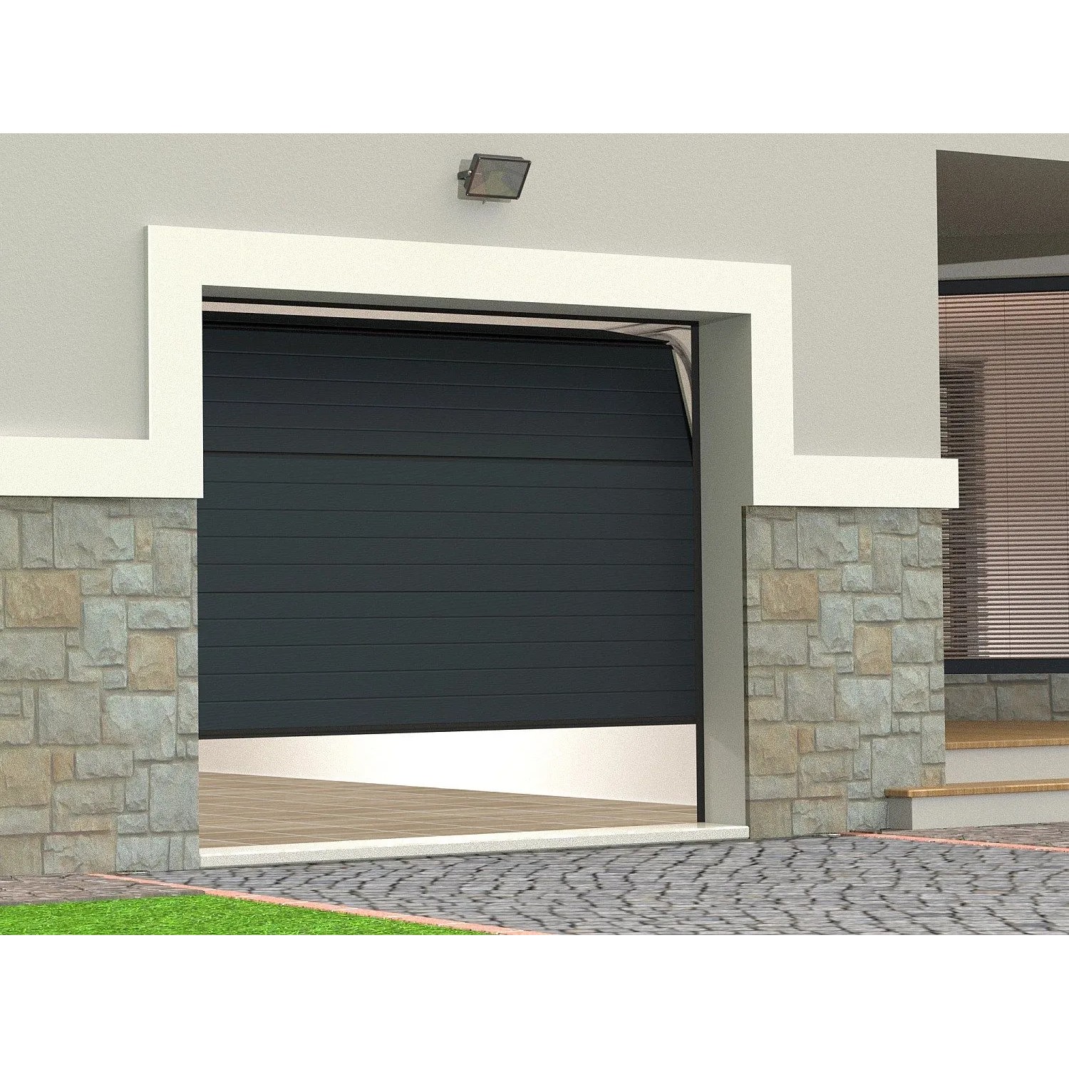 Anthrazitgraues Sektionaltor Noria, 243 cm, teilweise geöffnet, an einer modernen Garage. Garagentor.