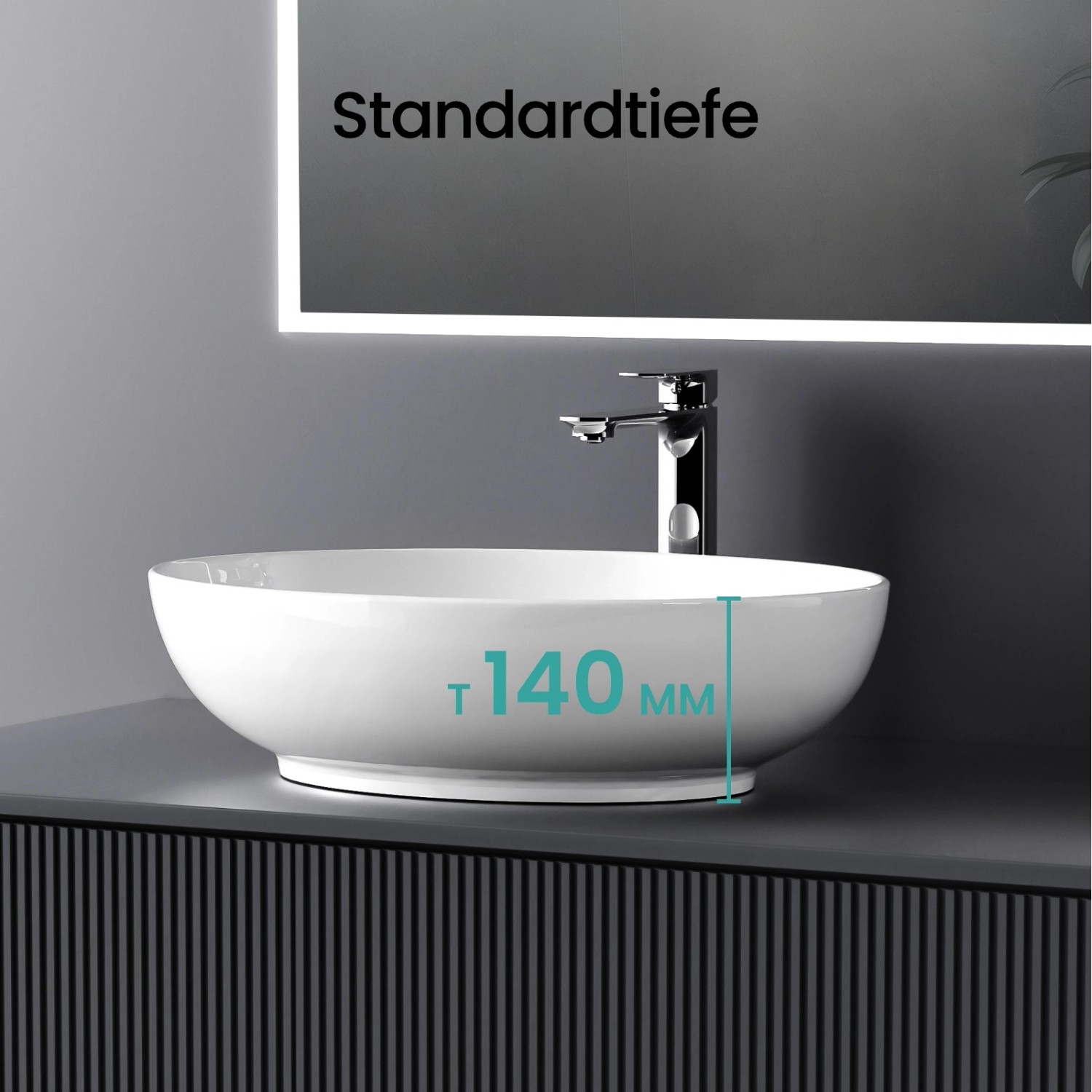 Ovales, glänzend weißes Emke Handwaschbecken aus Keramik im modernen Bad.