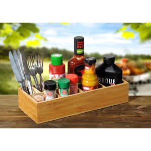 Kesper Aufbewahrungsbox aus Bambus mit Fächern für Grillsoßen, Gewürze und Besteck.