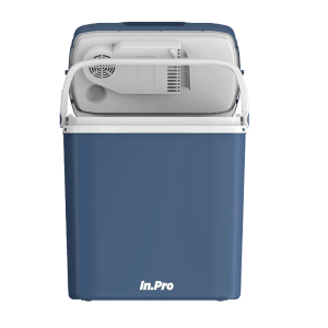 Geöffnete, blaue In.Pro Kühlbox IP-KB24 (24 l) mit Tragegriff und 12/230V Anschluss.