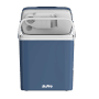 Geöffnete, blaue In.Pro Kühlbox IP-KB24 (24 l) mit Tragegriff und 12/230V Anschluss.
