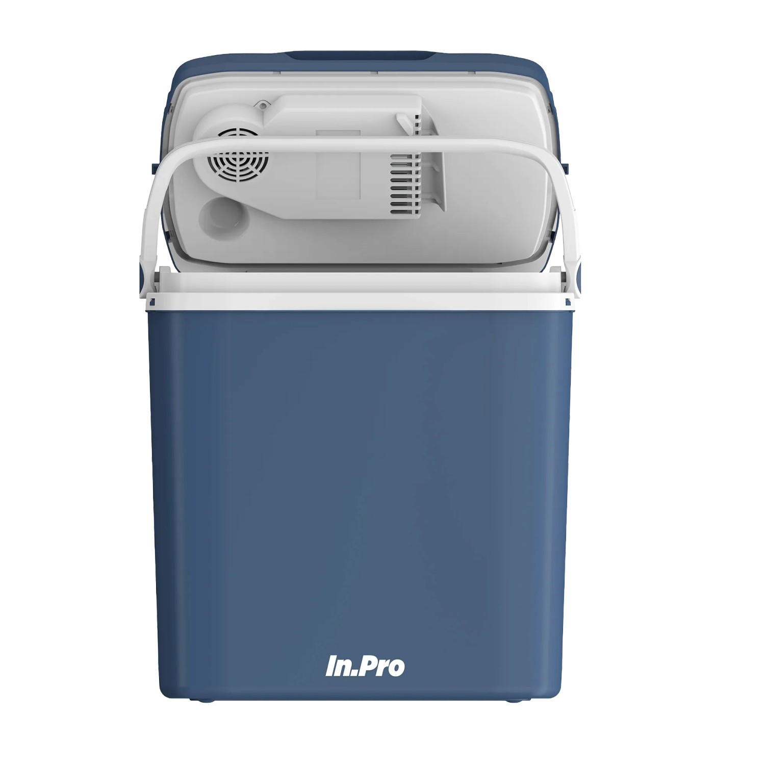 Geöffnete, blaue In.Pro Kühlbox IP-KB24 (24 l) mit Tragegriff und 12/230V Anschluss.