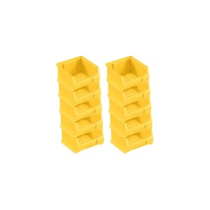 Zwei Stapel gelber Sichtlagerboxen, 6x10x10 cm, zur Aufbewahrung im Lager oder Werkstatt.