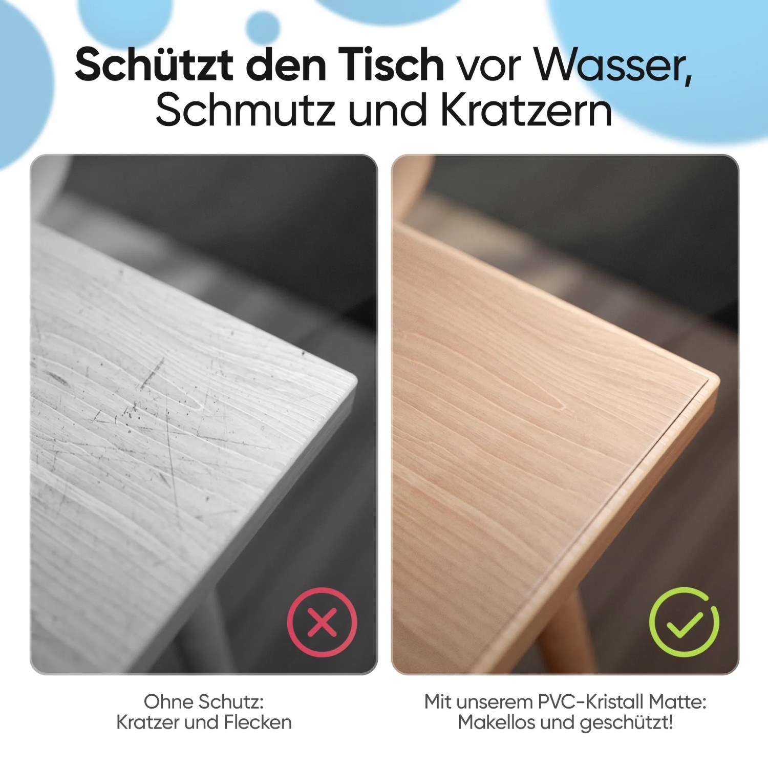 Björn&Schiller Tischschutzfolie: Vergleich ungeschützter/geschützter Tisch vor Kratzern.