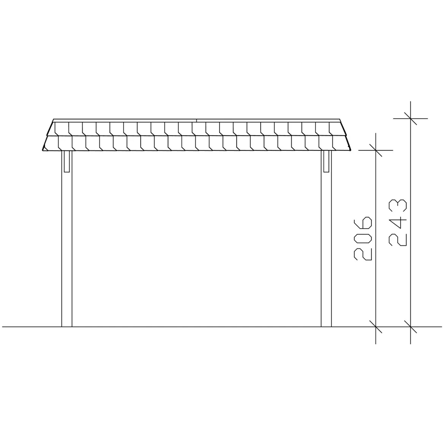 Technische Zeichnung: Skan Holz Carport Wendland, Eiche hell, Maße 362x628 cm, Höhe 243 cm.