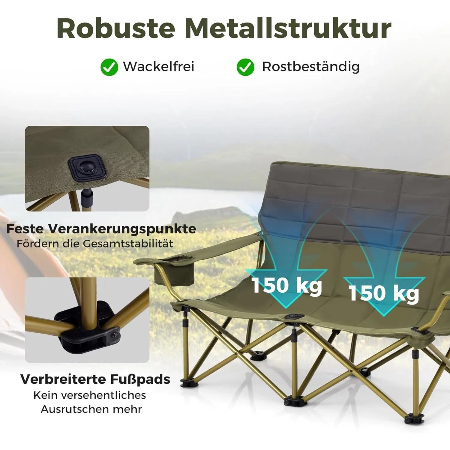 Grüner Costway Campingstuhl für 2 Personen. Robuster Metallrahmen, gepolsterter Sitz, 300 kg Tragkraft.