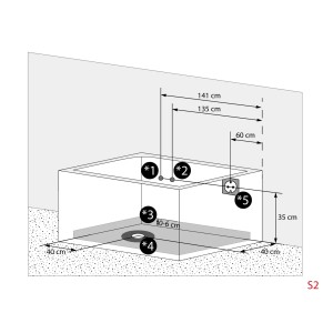Skizze der AcquaVapore Whirlpool Badewanne 170x80 mit Maßangaben zu Anschlüssen.