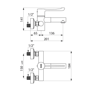 Technische Zeichnung: Delabie SECURITHERM Thermostat-Mischbatterie, Maße in mm.