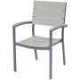 Stapelstuhl der 5-tlg. Sitzgruppe Olivia in Grau mit Nonwood-Lattung und Aluminiumgestell.