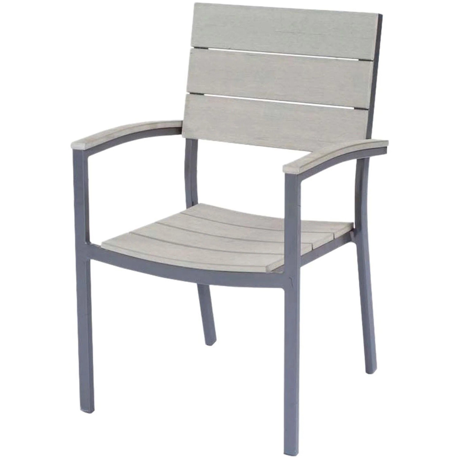 Stapelstuhl der 5-tlg. Sitzgruppe Olivia in Grau mit Nonwood-Lattung und Aluminiumgestell.