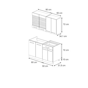 Skizze der Singleküche in Dunkelblau/Eiche mit Marmor-Arbeitsplatte, Maße eingezeichnet.