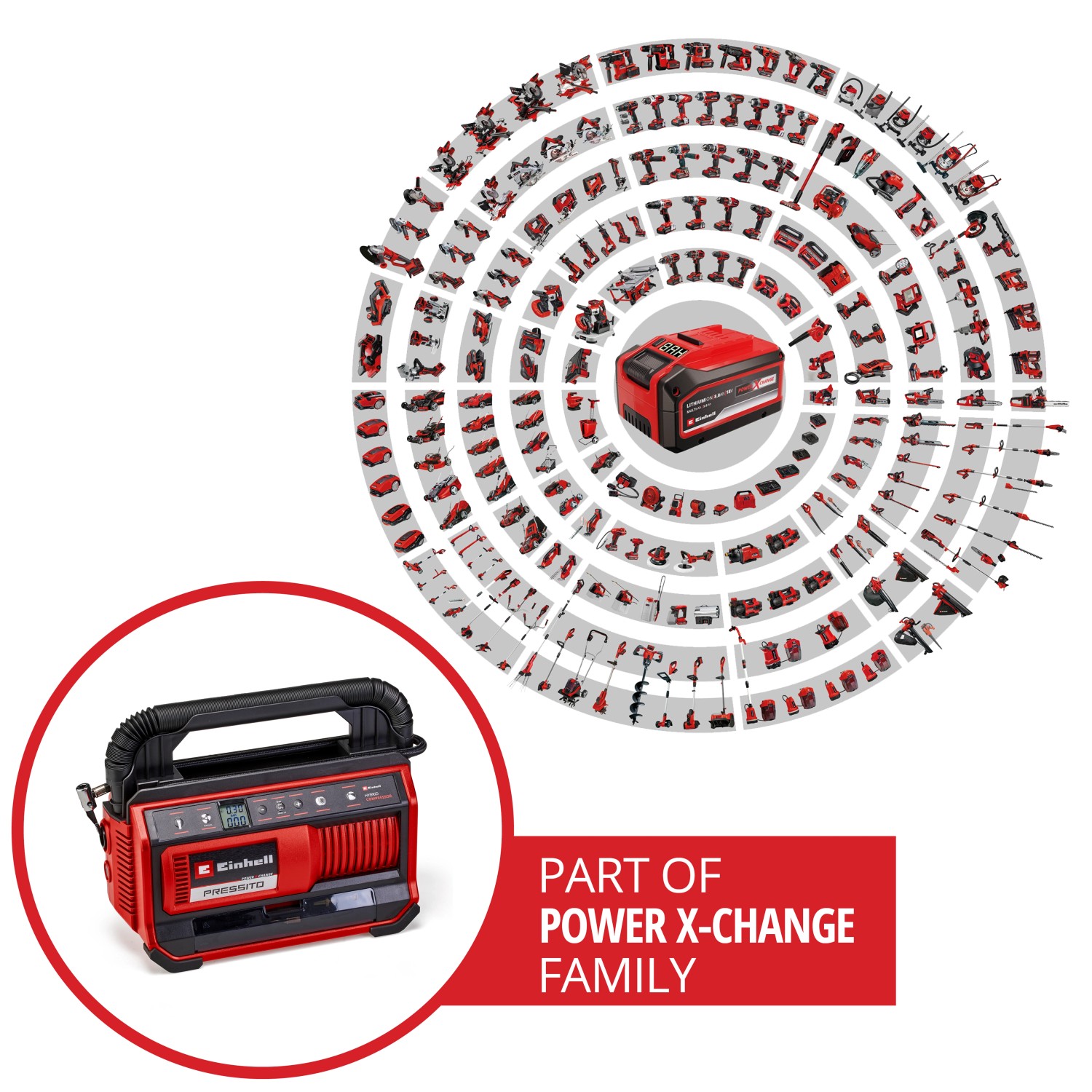 Einhell Power X-Change Hybrid-Kompressor Pressito 18/25 Hybrid mit Akku und Zubehör.