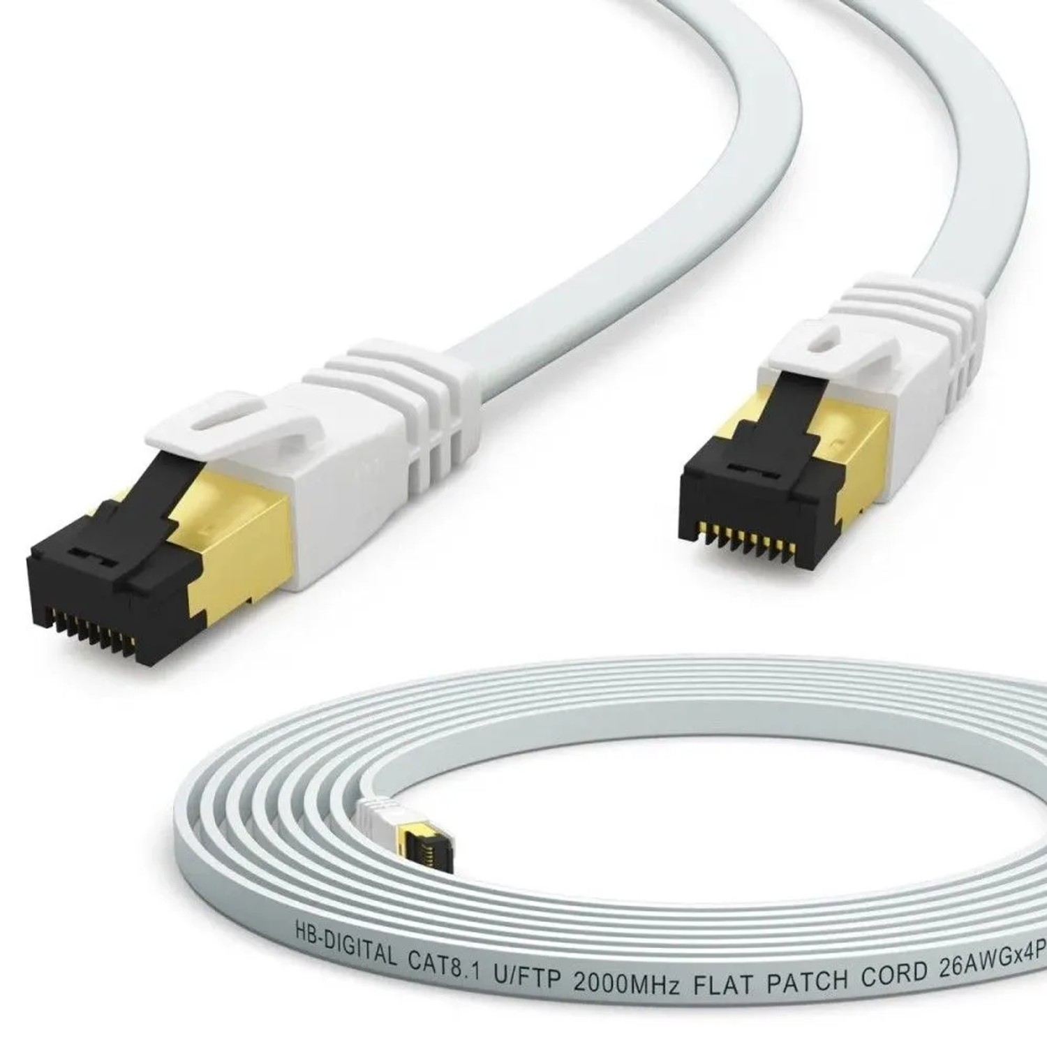 hb-digital Netzwerkkabel 2m Flach CAT 8.1 RJ45 U/FTP PVC 40Gbps 2000 MHz Reines Kupfer Weiß