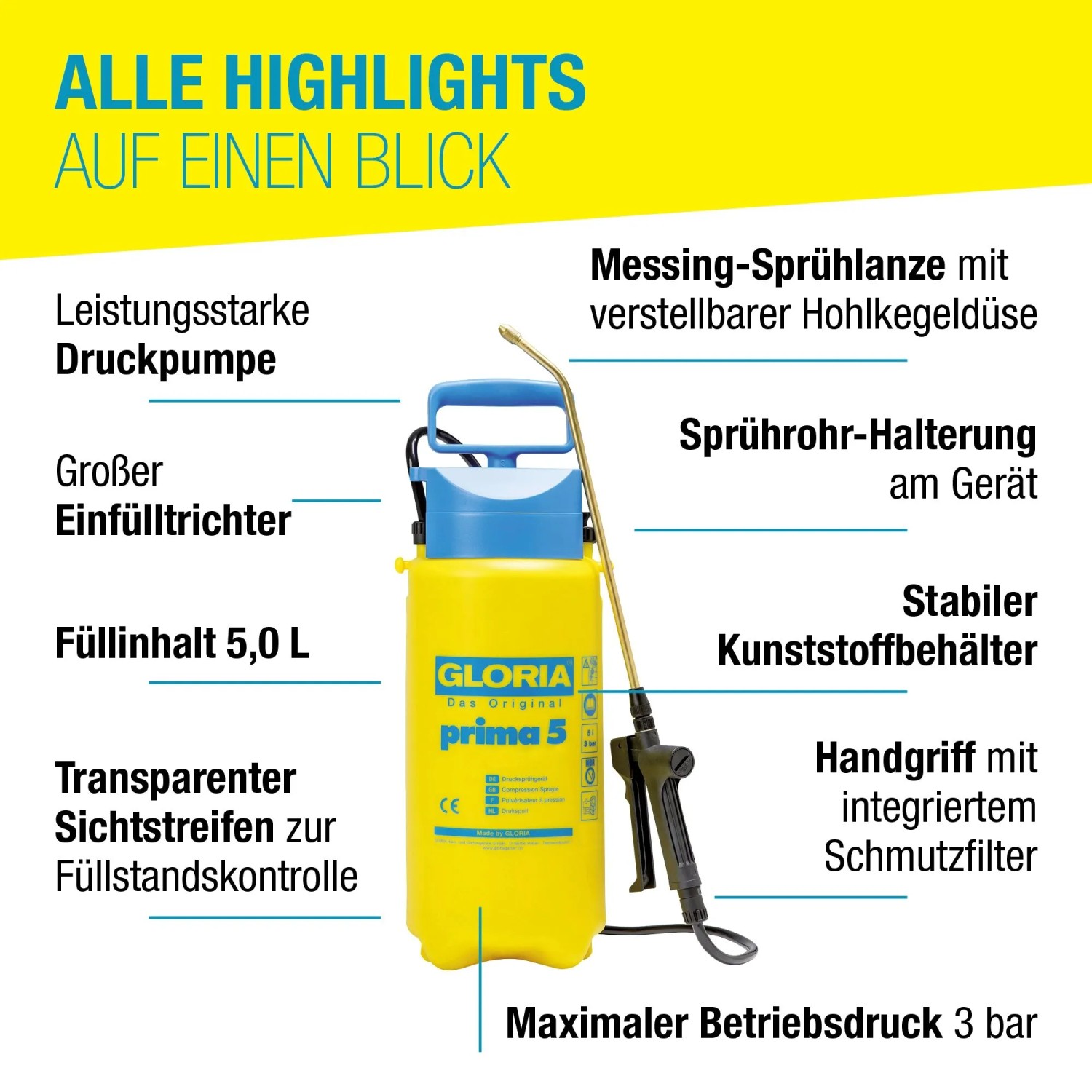 Gloria Drucksprüher Prima 5, gelb/blau, 5 l, mit Messinglanze und Tragegurt.