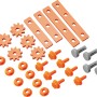 OBI Kinderwerkbank Zubehör: Orange Zahnräder, Schrauben, Muttern, Leisten und graue Stifte. 33-teiliges Spielzeug-Set.