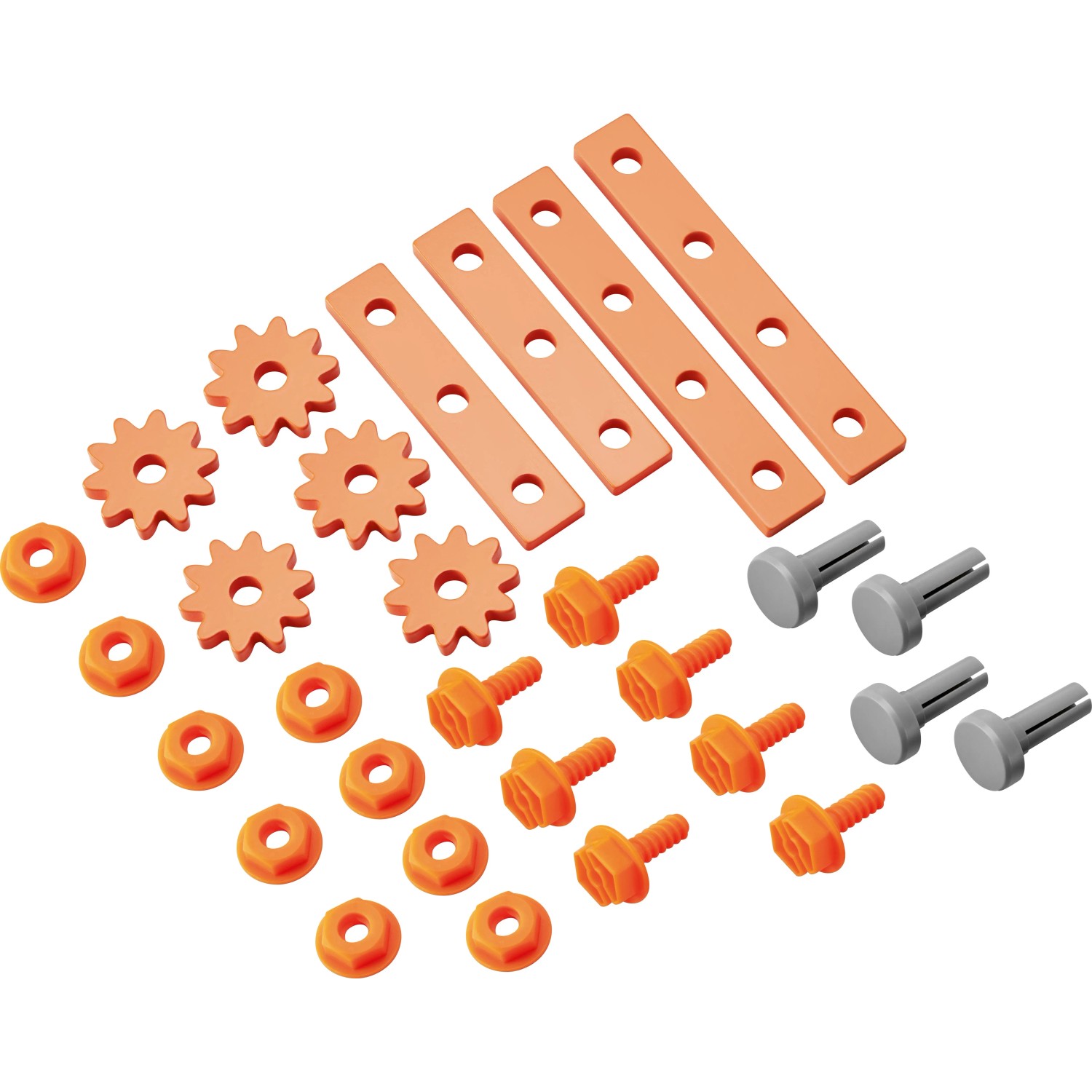 OBI Kinderwerkbank Zubehör: Orange Zahnräder, Schrauben, Muttern, Leisten und graue Stifte. 33-teiliges Spielzeug-Set.
