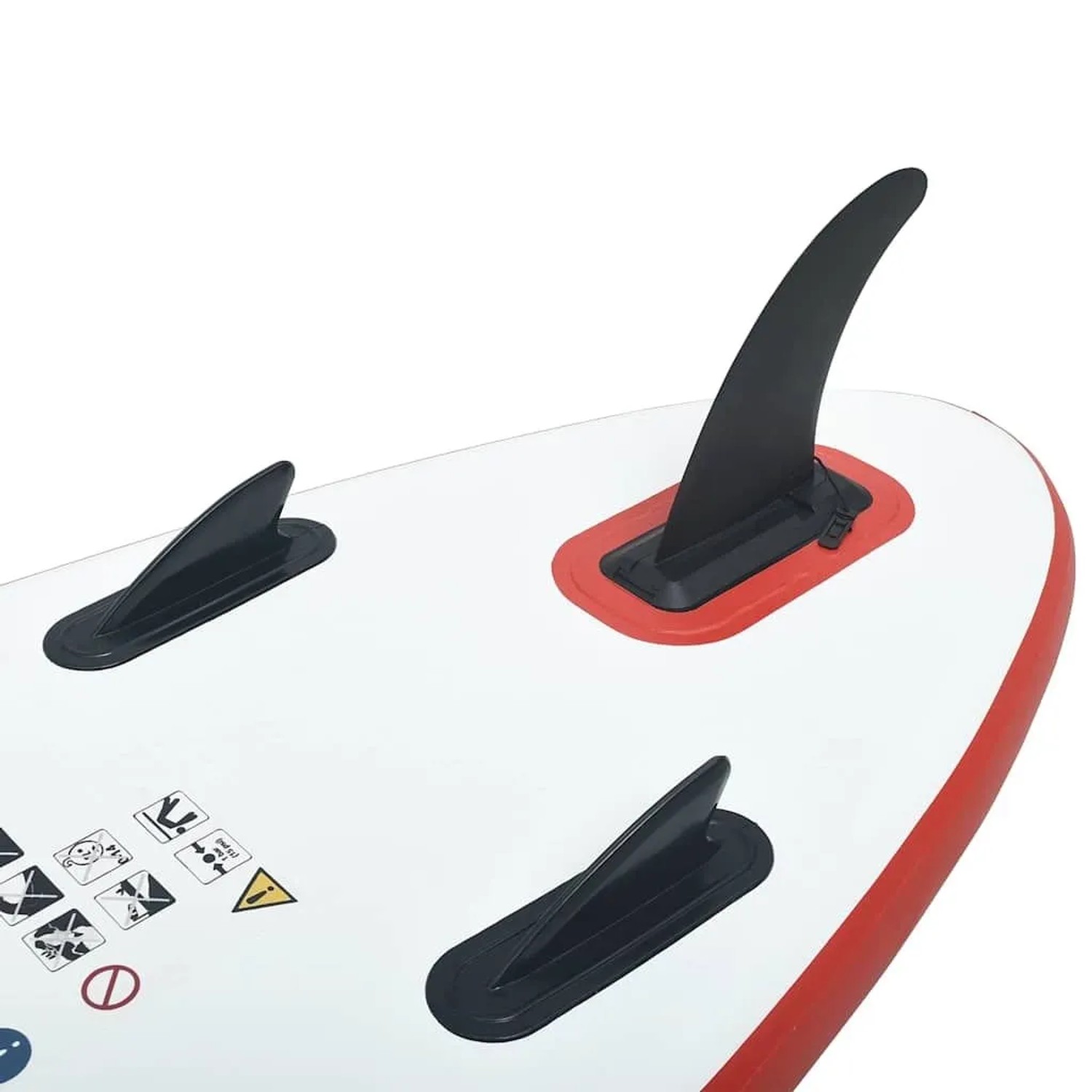 Detailaufnahme der Finnen eines rot-weißen, aufblasbaren SUP-Surfboards von vidaXL.