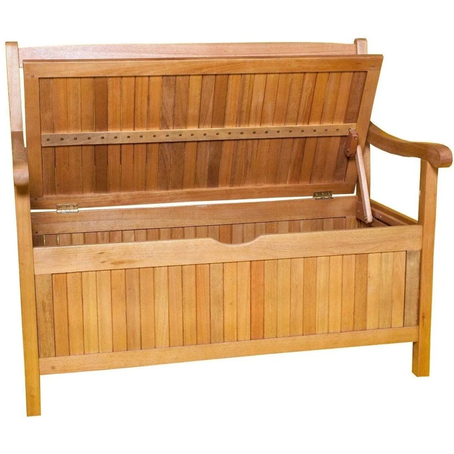 Sedex Truhenbank Greena 3er Gartenbank aus Holz mit geöffnetem Stauraum.