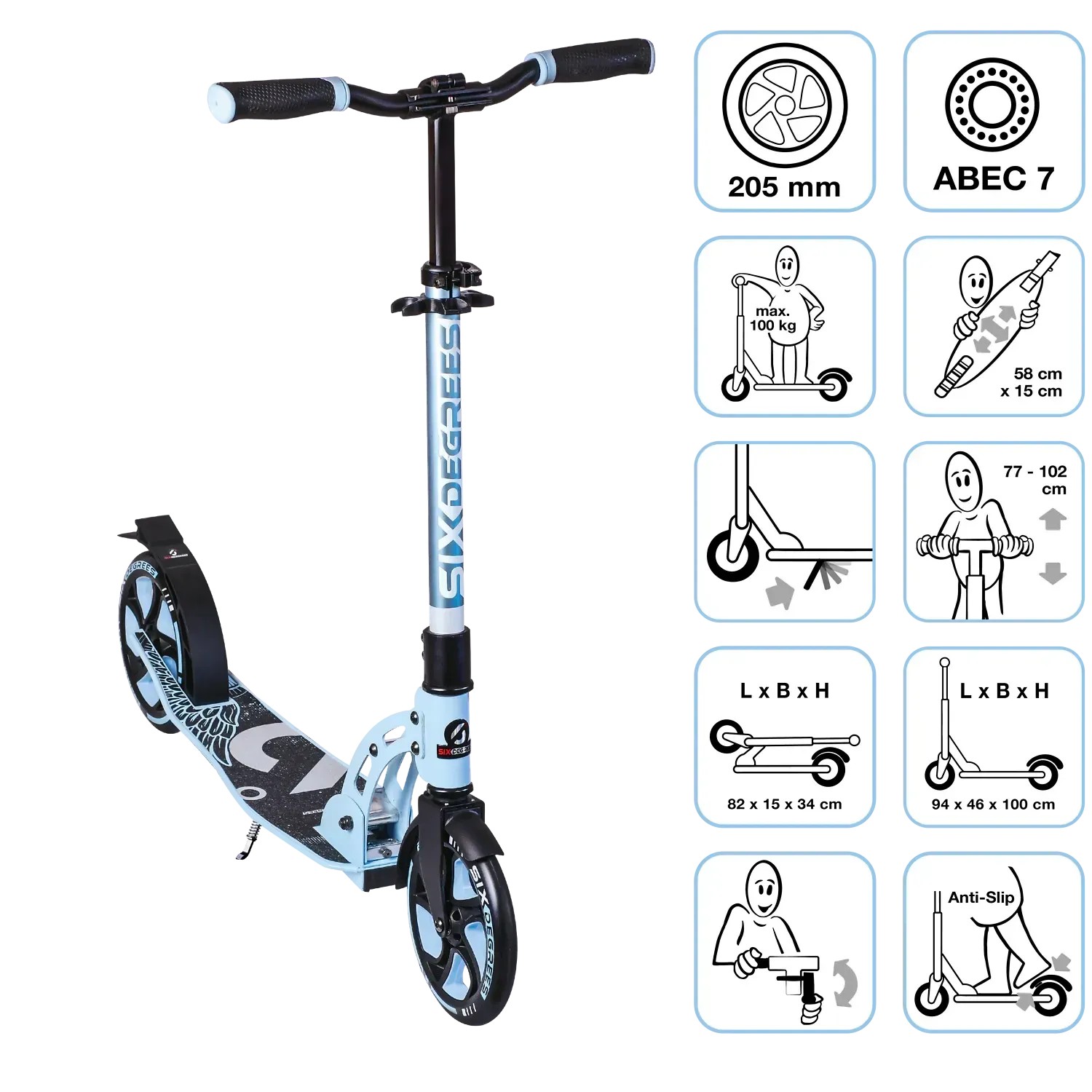 Six Degrees Aluminium Scooter mit Klappmechanismus & Ständer 205 mm Höhenverstellbar GS-Geprüft Hellblau Testsieger_2