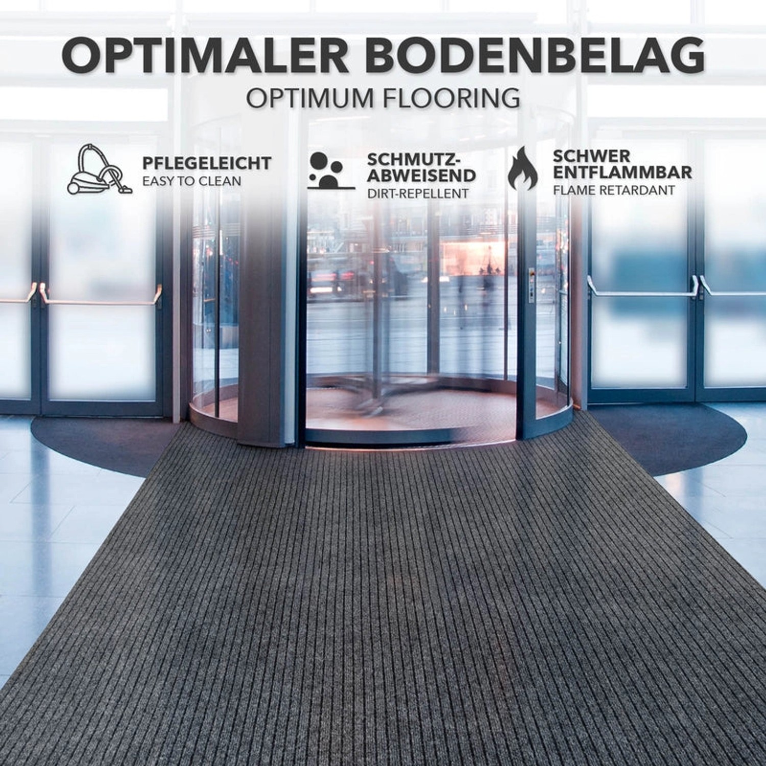 Grauer KARAT Eventteppich Atlas vor Eingang, pflegeleicht und schmutzabweisend.