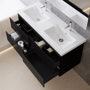 AICA Waschtisch mit Unterschrank, 120 cm, schwarz hochglanz, mit zwei Waschbecken und offenen Schubladen.