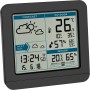 Schwarze TFA Funk-Wetterstation Sky mit Außensender zeigt Innen- und Außentemperatur, Datum, Uhrzeit und Wettervorhersage.
