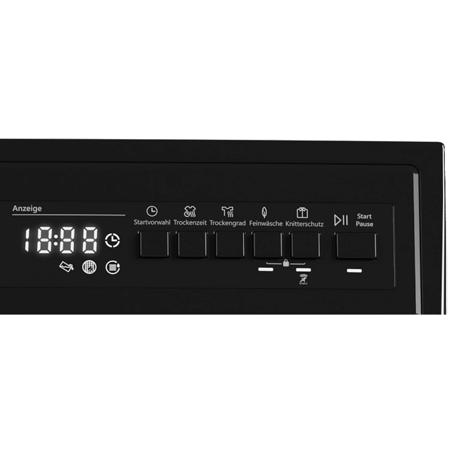 Detailaufnahme des Telefunken Kondenstrockners: Display mit Startzeitvorwahl und Programmen.