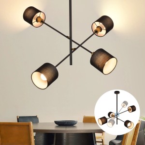 Vintage Pendelleuchte aus schwarzem Metall mit 4 drehbaren Lampenschirmen über Esstisch. Für Wohnzimmer & Esszimmer.