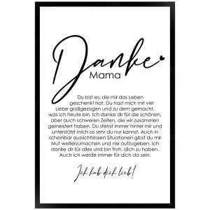 Gerahmtes Poster "Danke Mama" 40x60cm, Geschenkidee mit liebevollen Sprüchen im schwarzen Rahmen.
