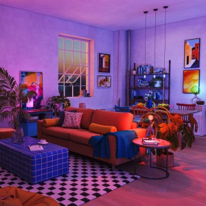 Modernes Wohnzimmer, beleuchtet von Philips Smart-LED-Leuchtmitteln. Dynamisches, farbiges Licht schafft eine gemütliche Atmosphäre.