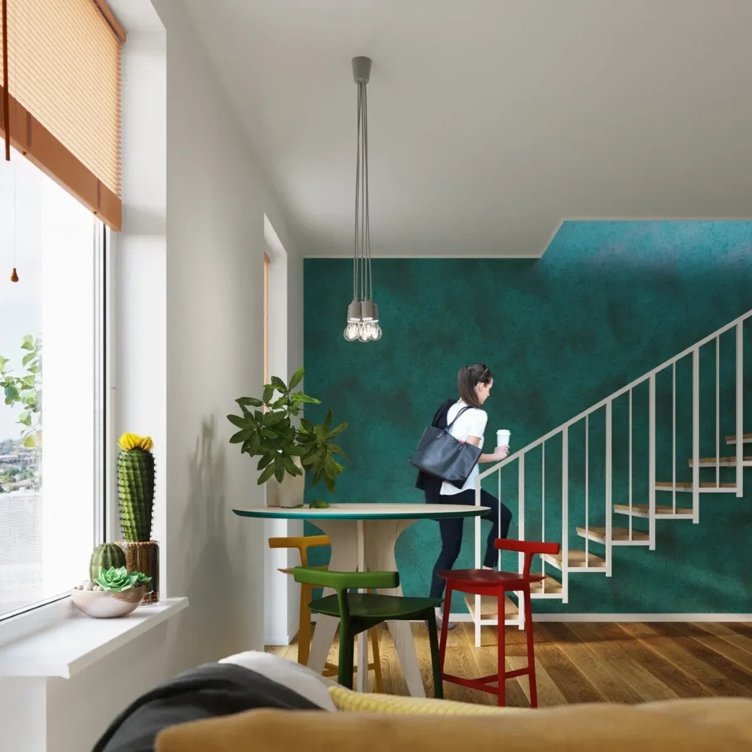 Graue Sollux Lighting Hängeleuchte Diego 1 im modernen Wohnraum mit Treppe und farbigen Stühlen.