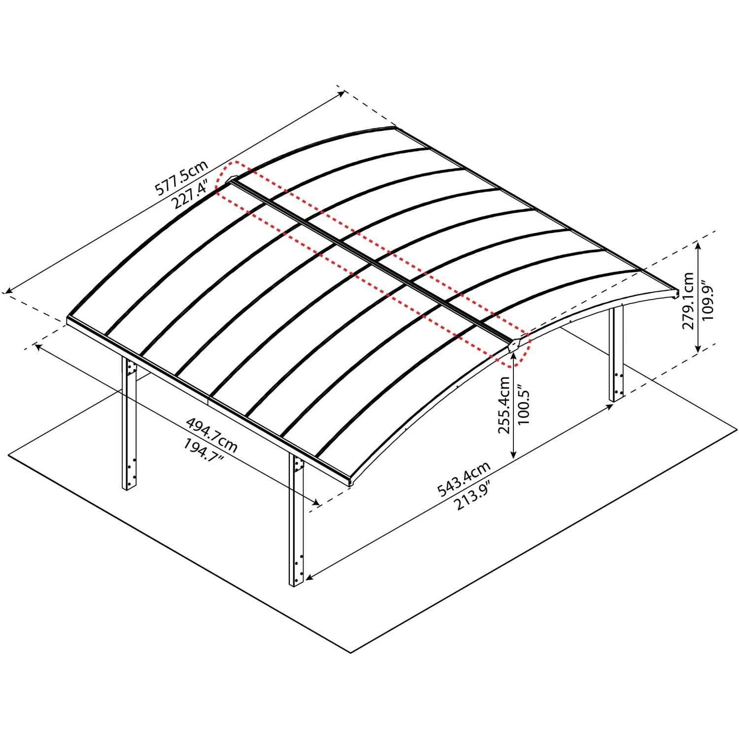 Skizze: Palram Canopia Arizona Breeze 5.8 x 5 Carport in Anthrazit mit Maßen.