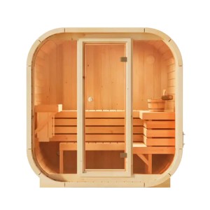 FinnTherm Innensauna Ellipso M aus Holz mit Glastür und Bänken. Kompakte Sauna für bis zu 3 Personen.